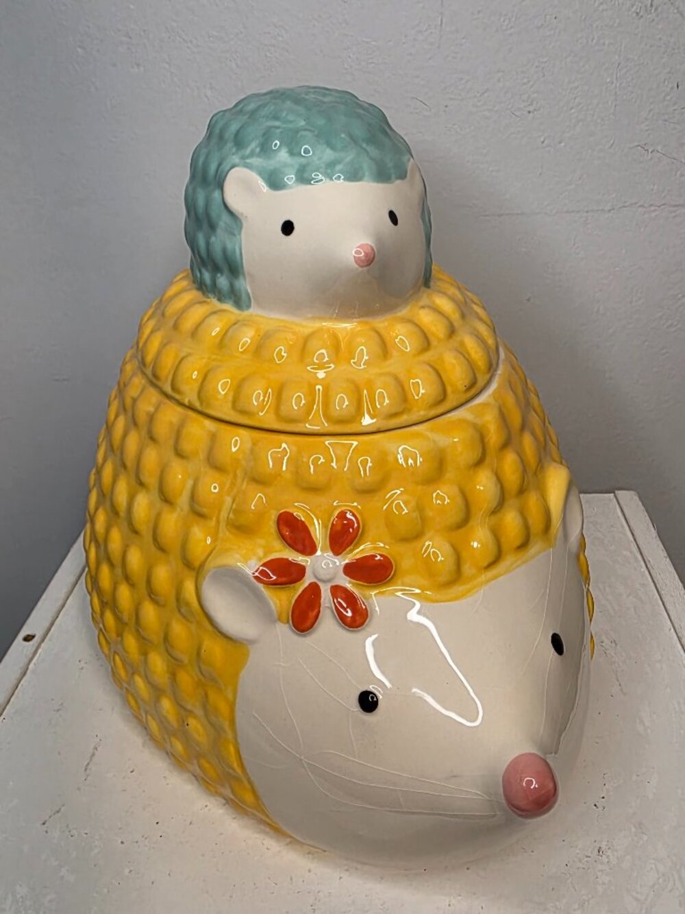 Pier 1 Hedgehog Momma and Baby Cookie Jar Flower Whimiscal